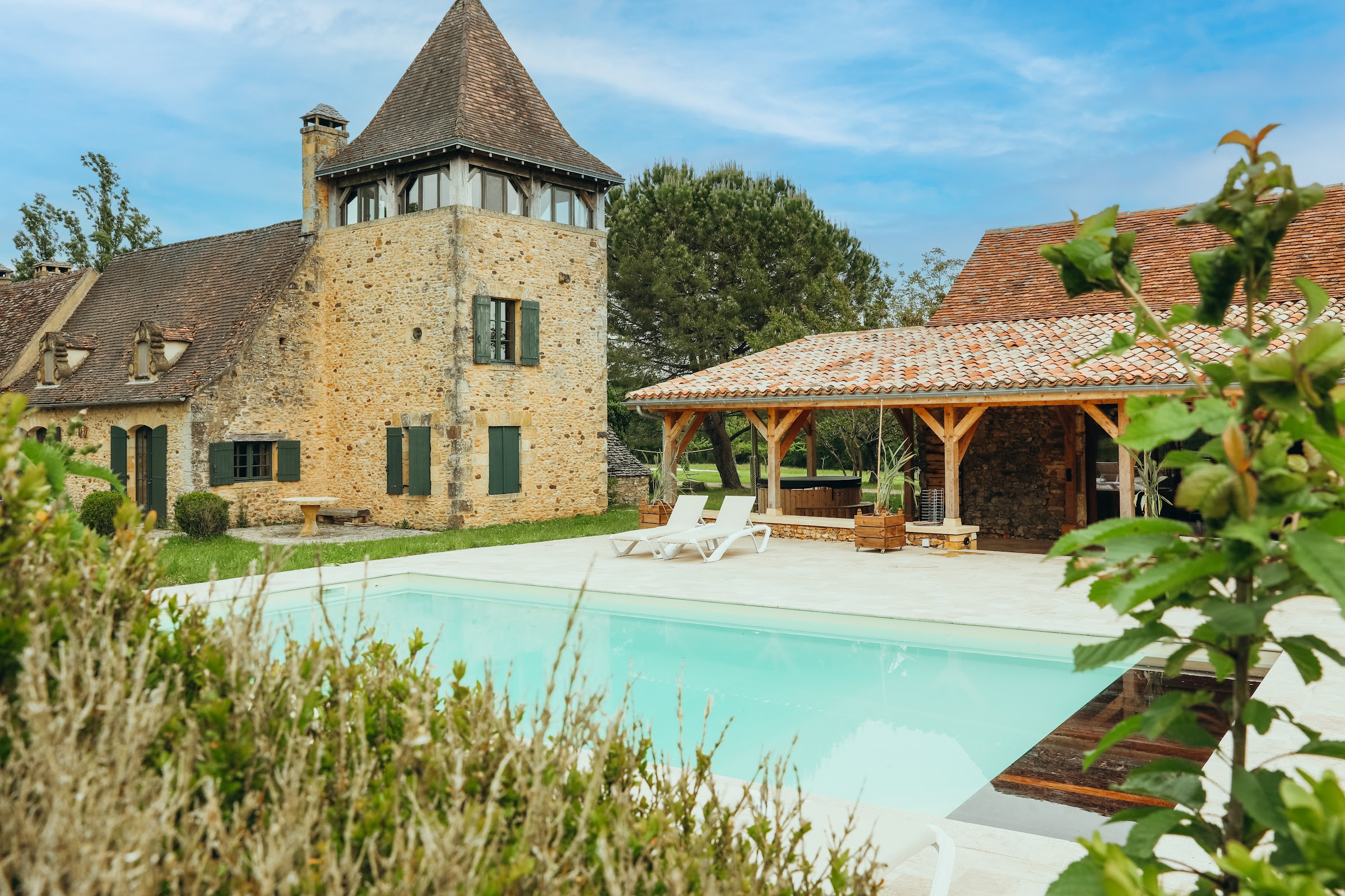 Terrasse de la piscine et palmier